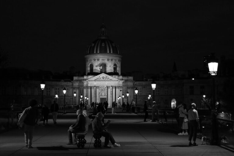 Black and white photo of people on Pont des Arts with Institut de France at night.